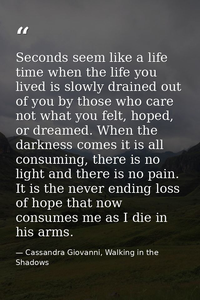 Seconds seem like a life time when the life you lived is slowly drained out of you by those who care not what you felt,  — Cassandra Giovanni, Walking in the Shadows