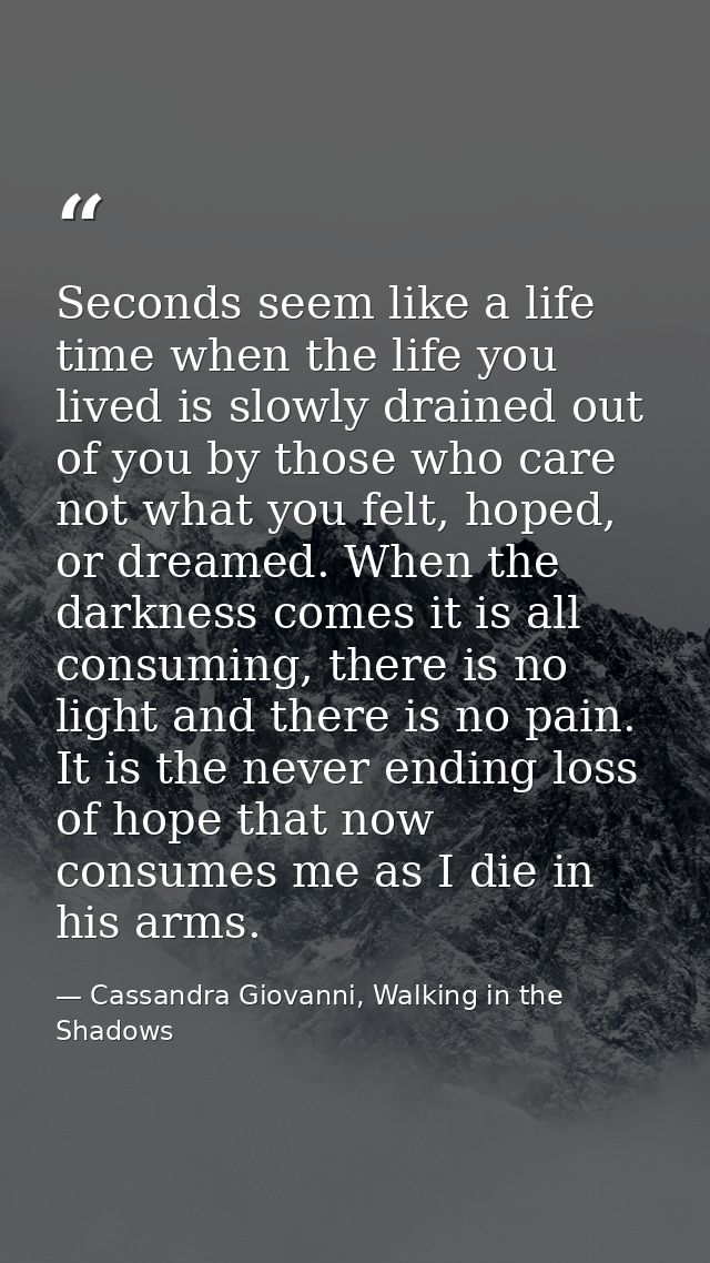 Seconds seem like a life time when the life you lived is slowly drained out of you by those who care not what you felt,  — Cassandra Giovanni, Walking in the Shadows