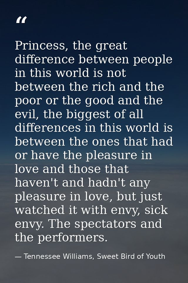 Princess, the great difference between people in this world is not between the rich and the poor or the good and the evi — Tennessee Williams, Sweet Bird of Youth