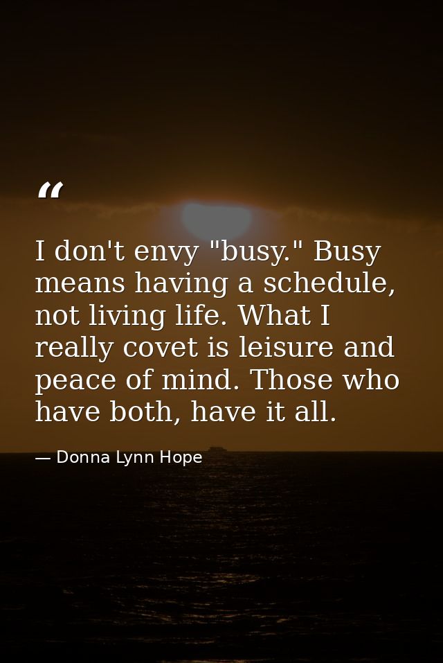 I don't envy "busy." Busy means having a schedule, not living life. What I really covet is leisure and peace of mind. Th — Donna Lynn Hope