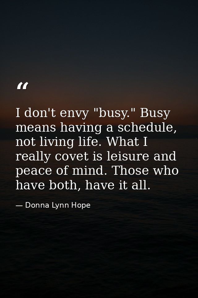 I don't envy "busy." Busy means having a schedule, not living life. What I really covet is leisure and peace of mind. Th — Donna Lynn Hope