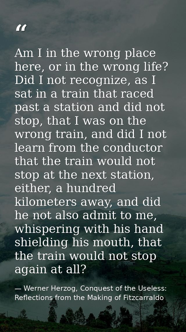 Am I in the wrong place here, or in the wrong life? Did I not recognize, as I sat in a train that raced past a station a — Werner Herzog, Conquest of the Useless: Reflections from the Making of Fitzcarraldo