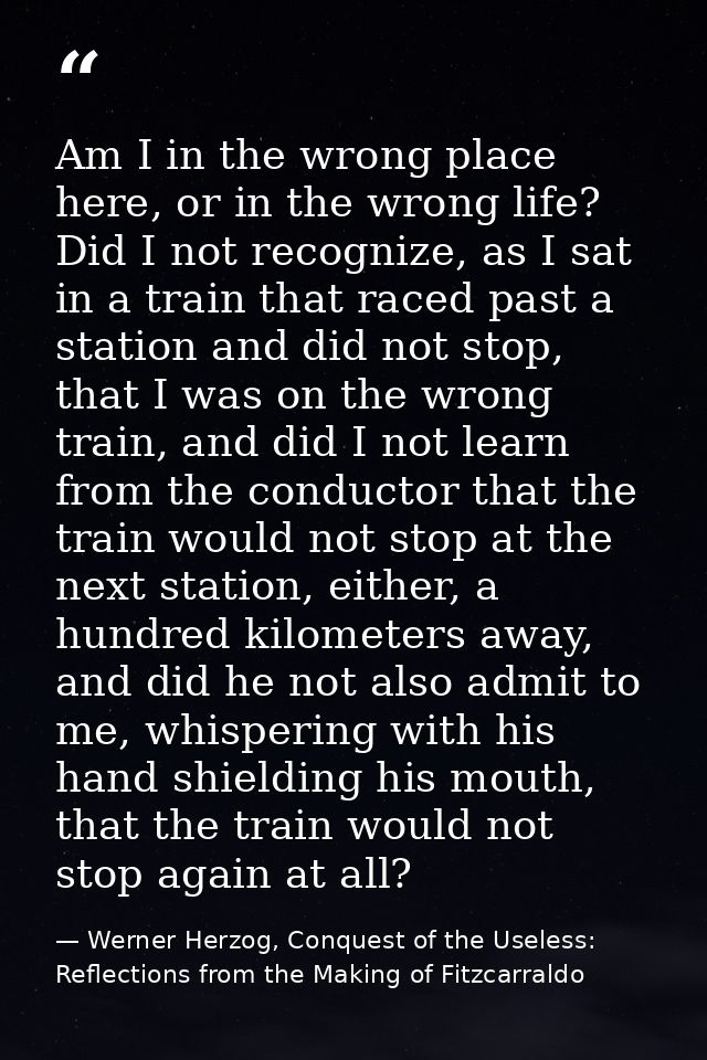 Am I in the wrong place here, or in the wrong life? Did I not recognize, as I sat in a train that raced past a station a — Werner Herzog, Conquest of the Useless: Reflections from the Making of Fitzcarraldo