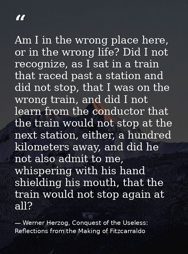 Am I in the wrong place here, or in the wrong life? Did I not recognize, as I sat in a train that raced past a station a — Werner Herzog, Conquest of the Useless: Reflections from the Making of Fitzcarraldo