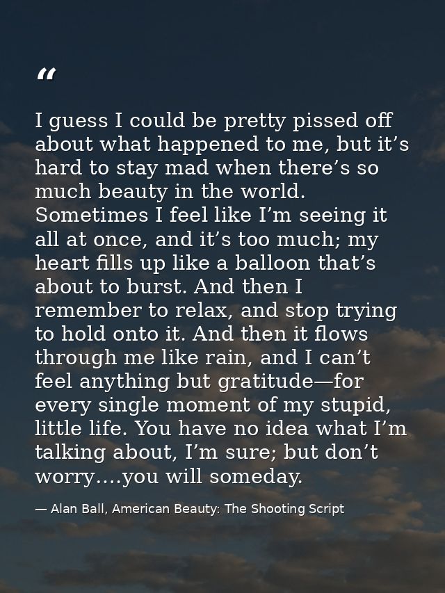 I guess I could be pretty pissed off about what happened to me, but it’s hard to stay mad when there’s so much beauty in — Alan Ball, American Beauty: The Shooting Script