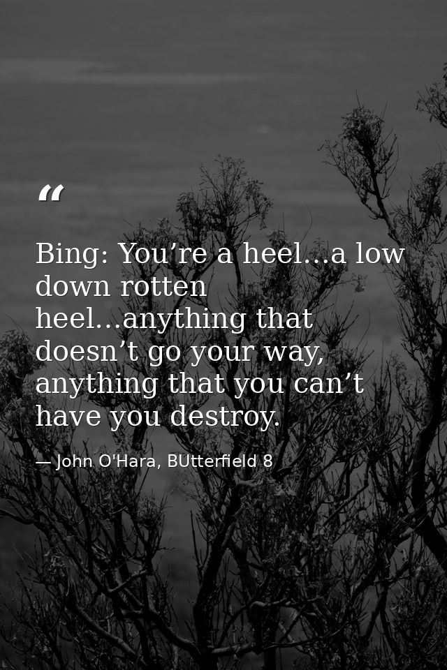 Bing: You’re a heel…a low down rotten heel…anything that doesn’t go your way, anything that you can’t have you destroy. — John O'Hara, BUtterfield 8