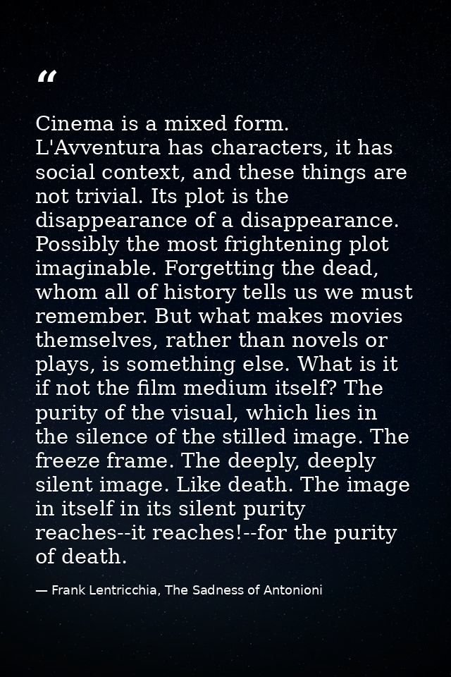 Cinema is a mixed form. L'Avventura has characters, it has social context, and these things are not trivial. Its plot is — Frank Lentricchia, The Sadness of Antonioni