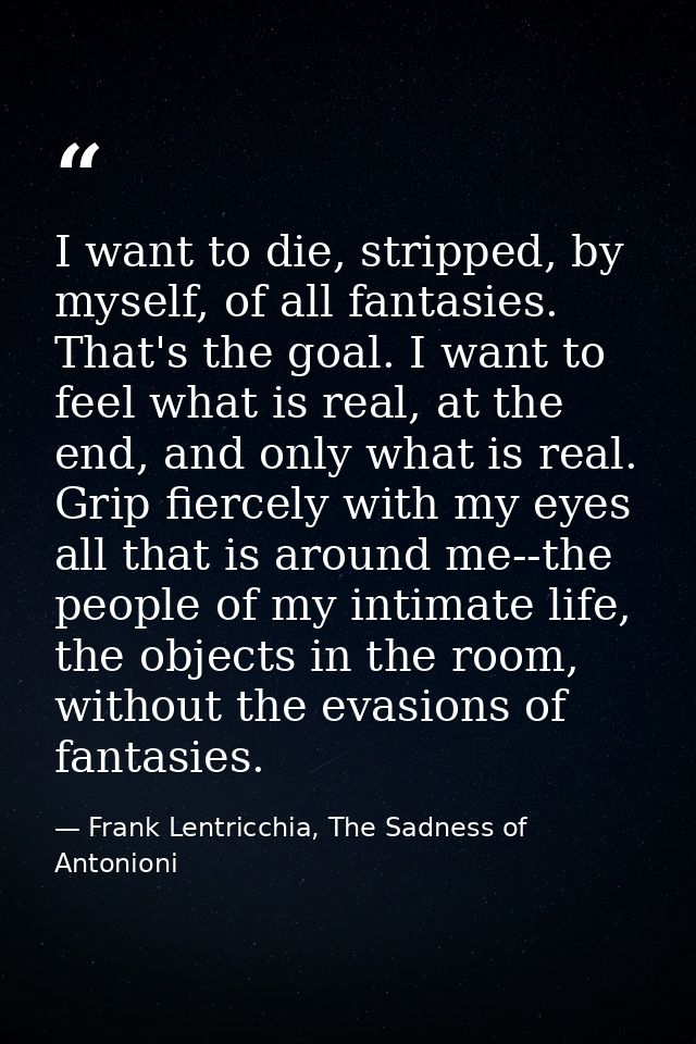 I want to die, stripped, by myself, of all fantasies. That's the goal. I want to feel what is real, at the end, and only — Frank Lentricchia, The Sadness of Antonioni