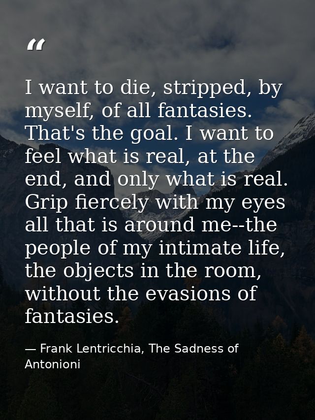 I want to die, stripped, by myself, of all fantasies. That's the goal. I want to feel what is real, at the end, and only — Frank Lentricchia, The Sadness of Antonioni