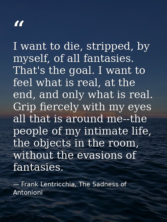 I want to die, stripped, by myself, of all fantasies. That's the goal. I want to feel what is real, at the end, and only — Frank Lentricchia, The Sadness of Antonioni
