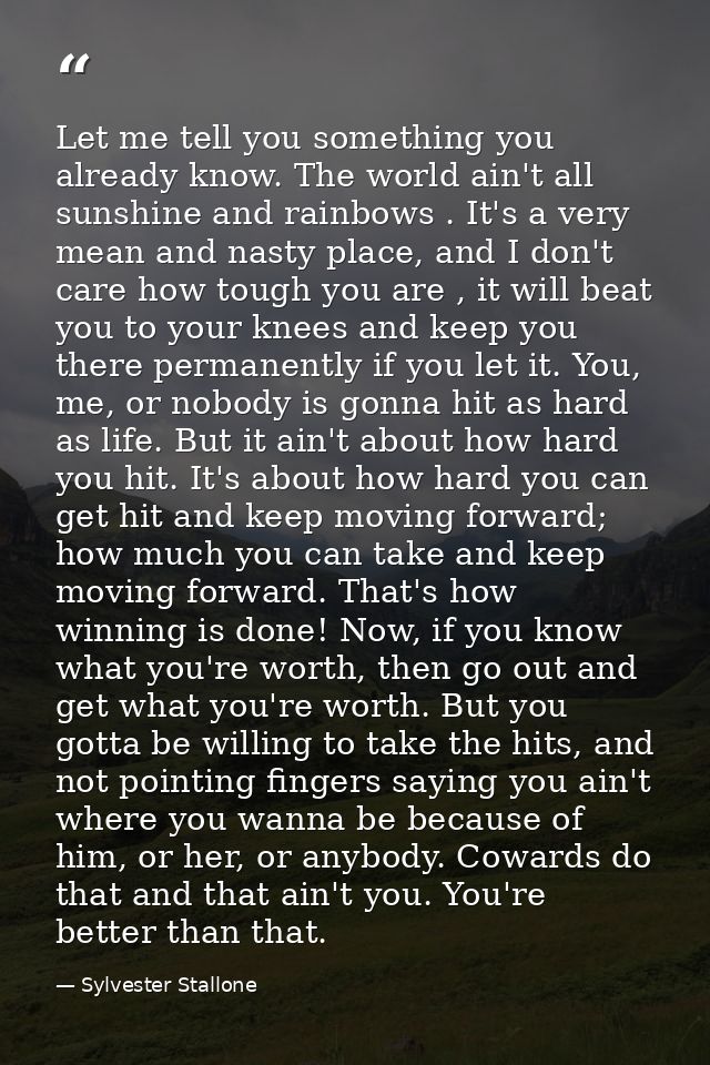 Let me tell you something you already know. The world ain't all sunshine and rainbows . It's a very mean and nasty place — Sylvester Stallone