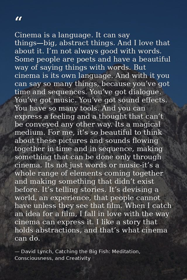 Cinema is a language. It can say things—big, abstract things. And I love that about it. I’m not always good with words.  — David Lynch, Catching the Big Fish: Meditation, Consciousness, and Creativity