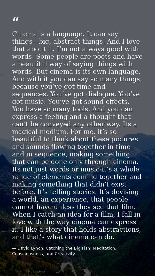 Cinema is a language. It can say things—big, abstract things. And I love that about it. I’m not always good with words.  — David Lynch, Catching the Big Fish: Meditation, Consciousness, and Creativity