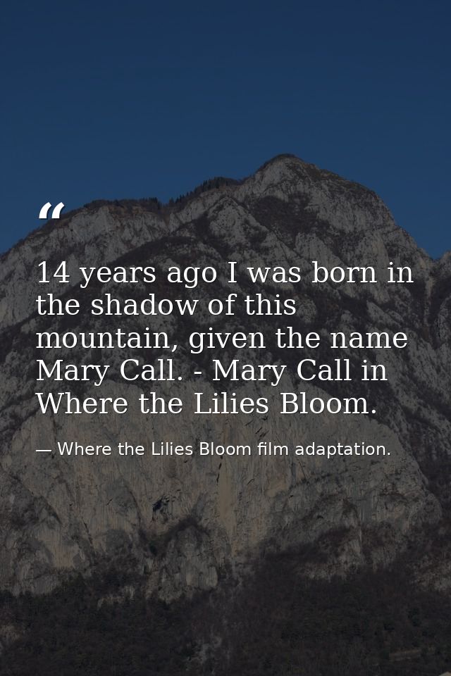 14 years ago I was born in the shadow of this mountain, given the name Mary Call. - Mary Call in Where the Lilies Bloom. — Where the Lilies Bloom film adaptation.