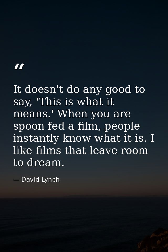 It doesn't do any good to say, 'This is what it means.' When you are spoon fed a film, people instantly know what it is. — David Lynch