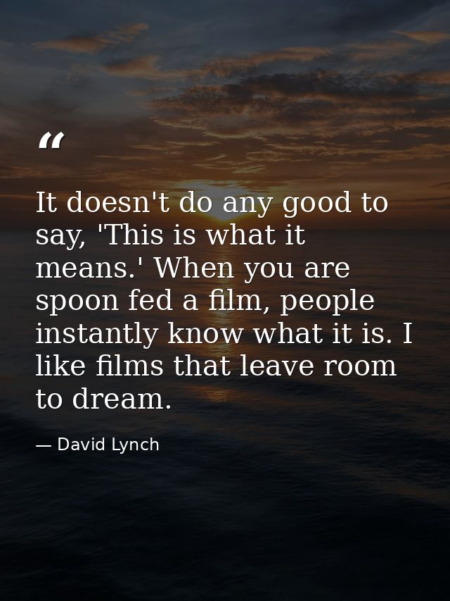 It doesn't do any good to say, 'This is what it means.' When you are spoon fed a film, people instantly know what it is. — David Lynch