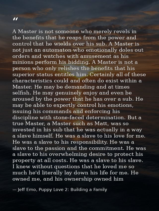A Master is not someone who merely revels in the benefits that he reaps from the power and control that he wields over h — Jeff Erno, Puppy Love 2: Building a Family