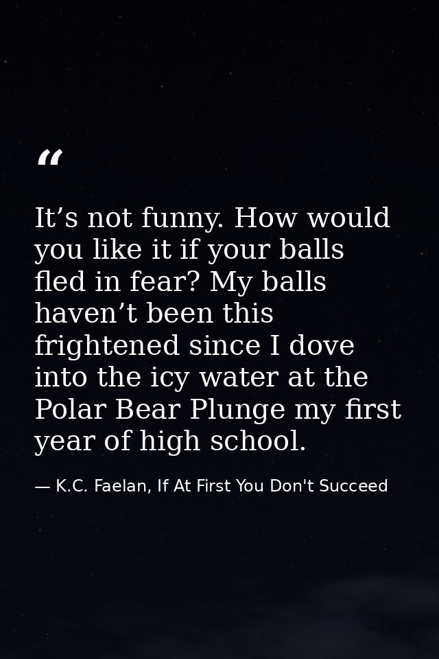 It’s not funny. How would you like it if your balls fled in fear? My balls haven’t been this frightened since I dove int — K.C. Faelan, If At First You Don't Succeed