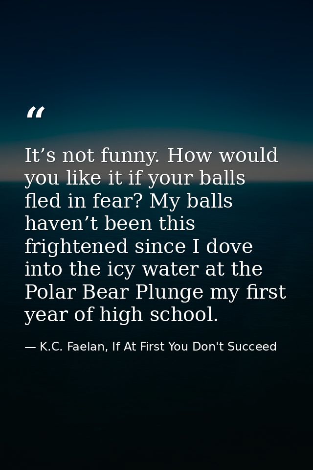 It’s not funny. How would you like it if your balls fled in fear? My balls haven’t been this frightened since I dove int — K.C. Faelan, If At First You Don't Succeed