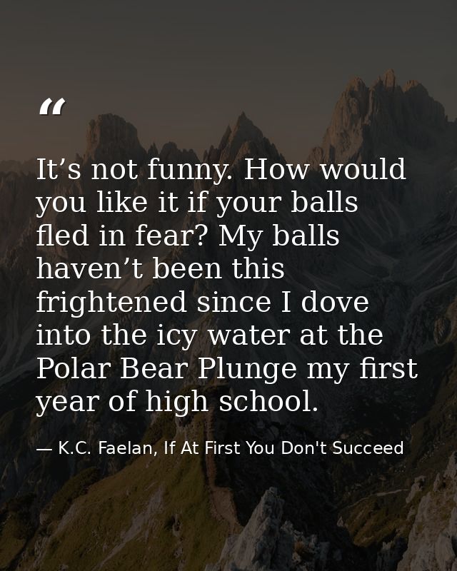 It’s not funny. How would you like it if your balls fled in fear? My balls haven’t been this frightened since I dove int — K.C. Faelan, If At First You Don't Succeed