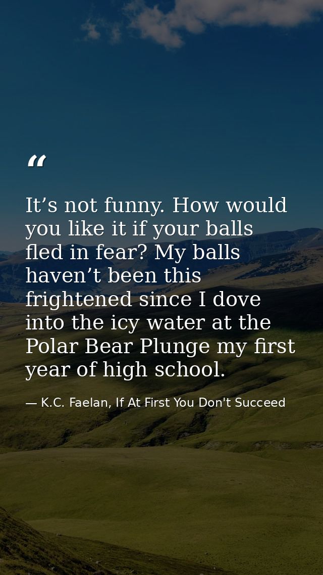 It’s not funny. How would you like it if your balls fled in fear? My balls haven’t been this frightened since I dove int — K.C. Faelan, If At First You Don't Succeed