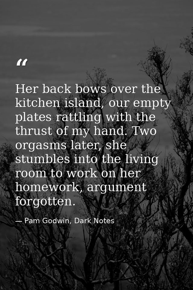 Her back bows over the kitchen island, our empty plates rattling with the thrust of my hand. Two orgasms later, she stum — Pam Godwin, Dark Notes