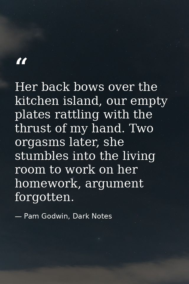 Her back bows over the kitchen island, our empty plates rattling with the thrust of my hand. Two orgasms later, she stum — Pam Godwin, Dark Notes