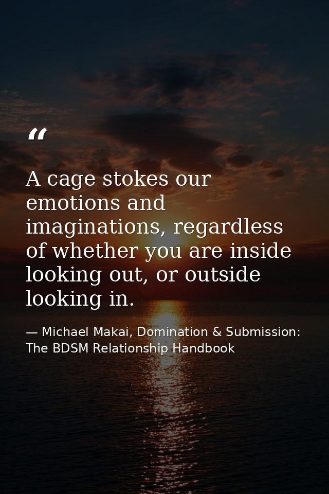 A cage stokes our emotions and imaginations, regardless of whether you are inside looking out, or outside looking in. — Michael Makai, Domination & Submission: The BDSM Relationship Handbook