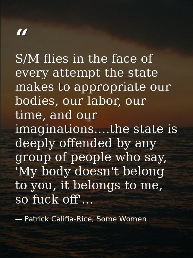 S/M flies in the face of every attempt the state makes to appropriate our bodies, our labor, our time, and our imaginati — Patrick Califia-Rice, Some Women