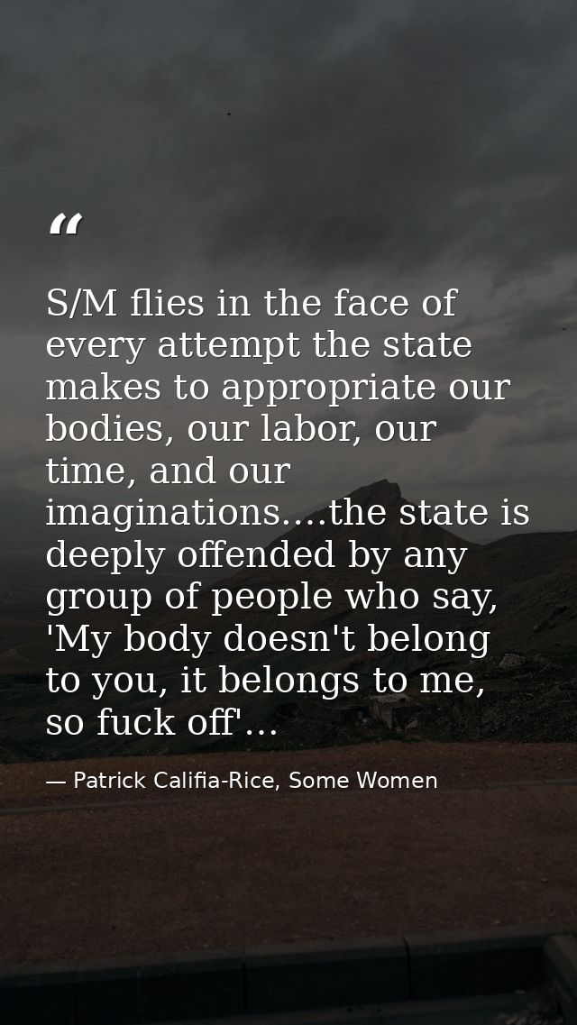 S/M flies in the face of every attempt the state makes to appropriate our bodies, our labor, our time, and our imaginati — Patrick Califia-Rice, Some Women