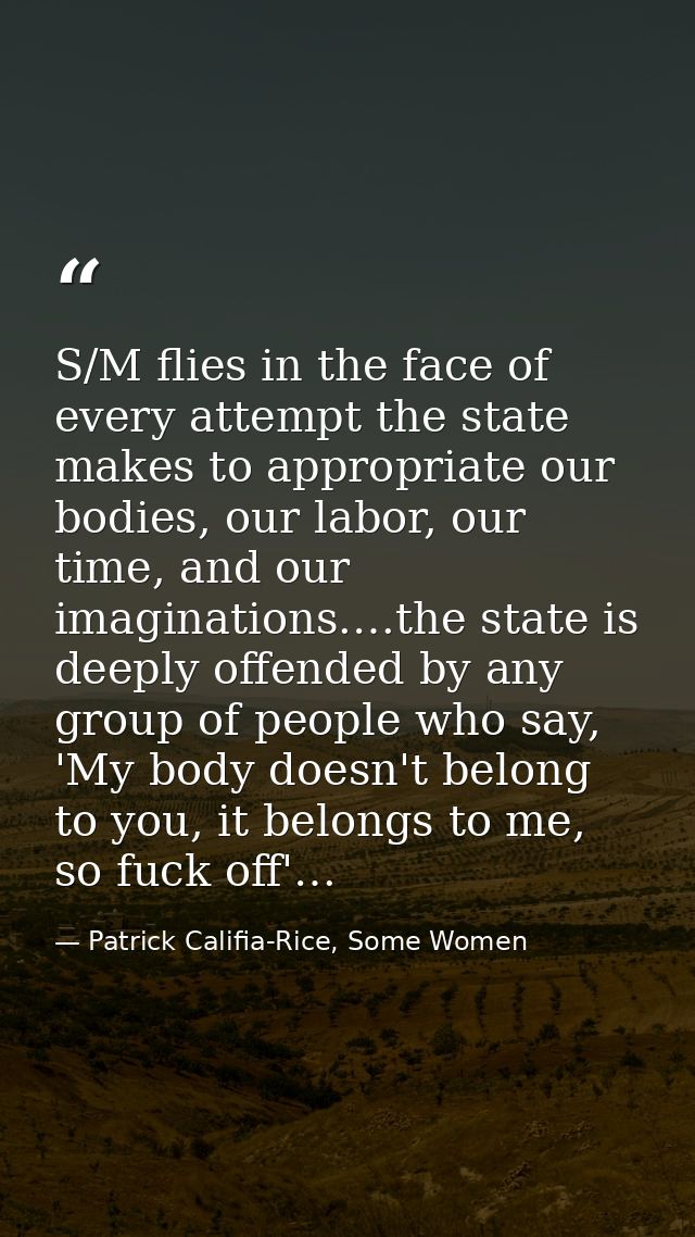 S/M flies in the face of every attempt the state makes to appropriate our bodies, our labor, our time, and our imaginati — Patrick Califia-Rice, Some Women