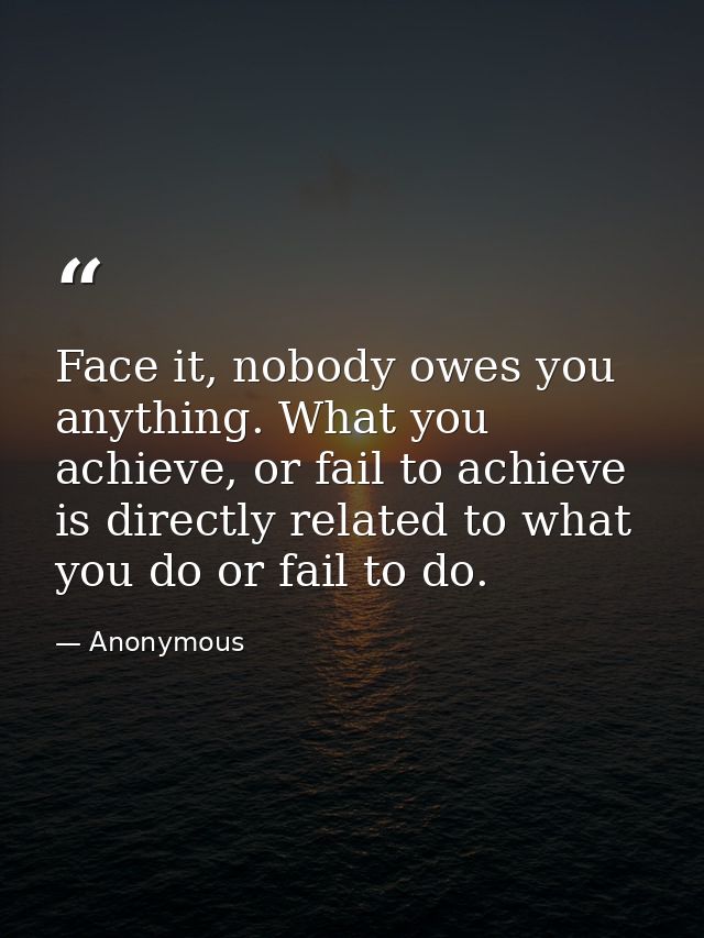 Face it, nobody owes you anything. What you achieve, or fail to achieve is directly related to what you do or fail to do — Anonymous