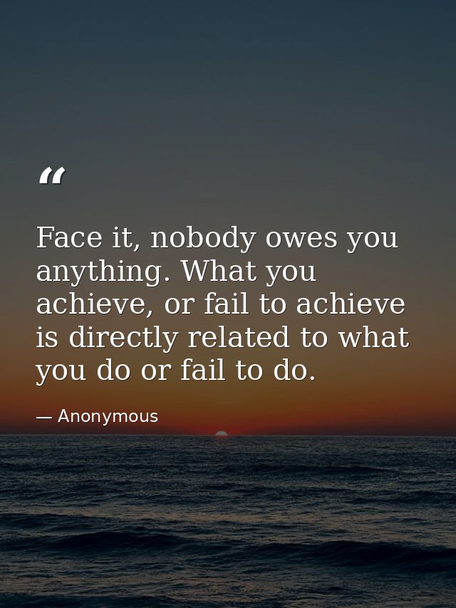 Face it, nobody owes you anything. What you achieve, or fail to achieve is directly related to what you do or fail to do — Anonymous