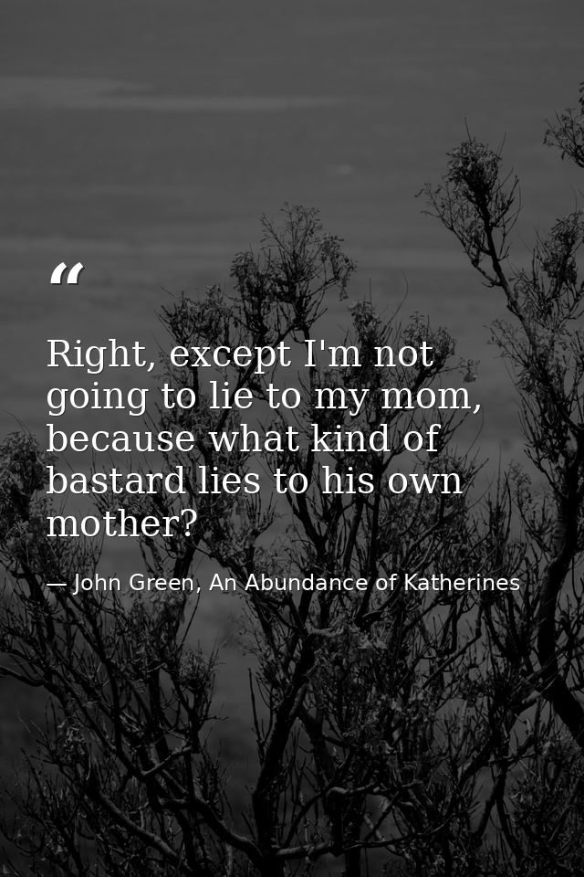 Right, except I'm not going to lie to my mom, because what kind of bastard lies to his own mother? — John Green, An Abundance of Katherines