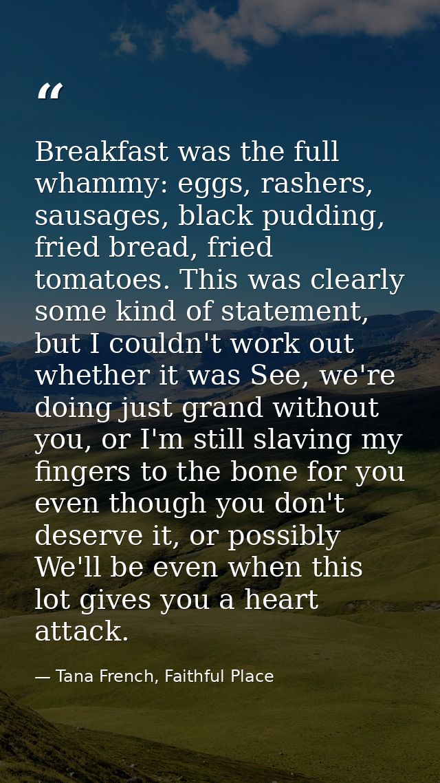 Breakfast was the full whammy: eggs, rashers, sausages, black pudding, fried bread, fried tomatoes. This was clearly som — Tana French, Faithful Place
