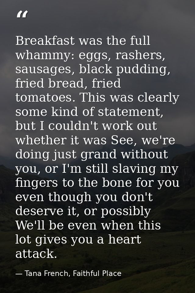 Breakfast was the full whammy: eggs, rashers, sausages, black pudding, fried bread, fried tomatoes. This was clearly som — Tana French, Faithful Place