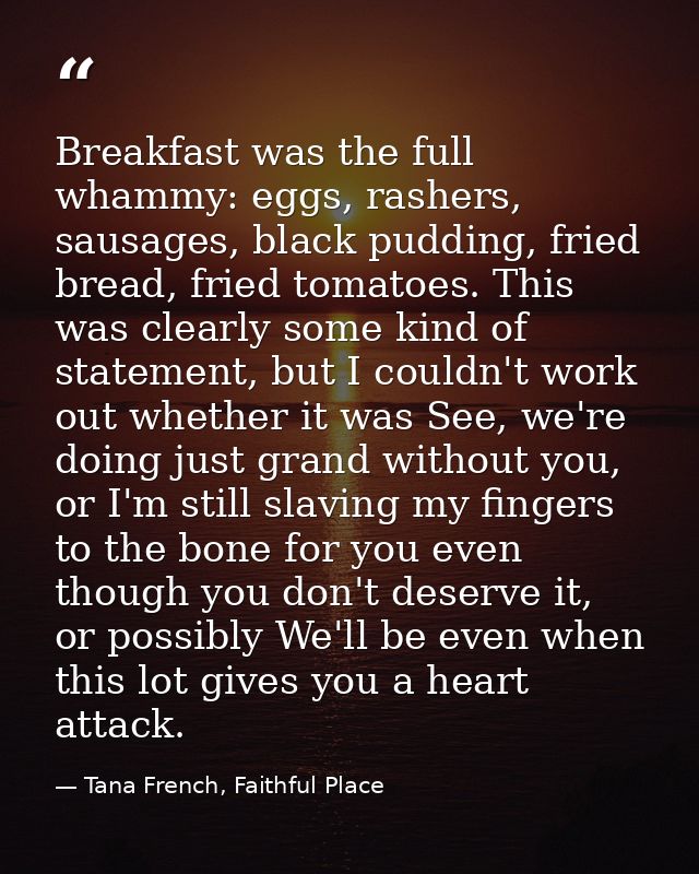 Breakfast was the full whammy: eggs, rashers, sausages, black pudding, fried bread, fried tomatoes. This was clearly som — Tana French, Faithful Place