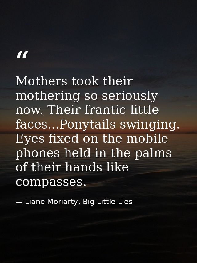 Mothers took their mothering so seriously now. Their frantic little faces...Ponytails swinging. Eyes fixed on the mobile — Liane Moriarty, Big Little Lies