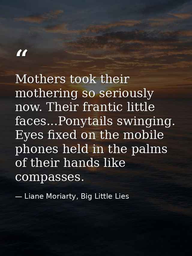 Mothers took their mothering so seriously now. Their frantic little faces...Ponytails swinging. Eyes fixed on the mobile — Liane Moriarty, Big Little Lies