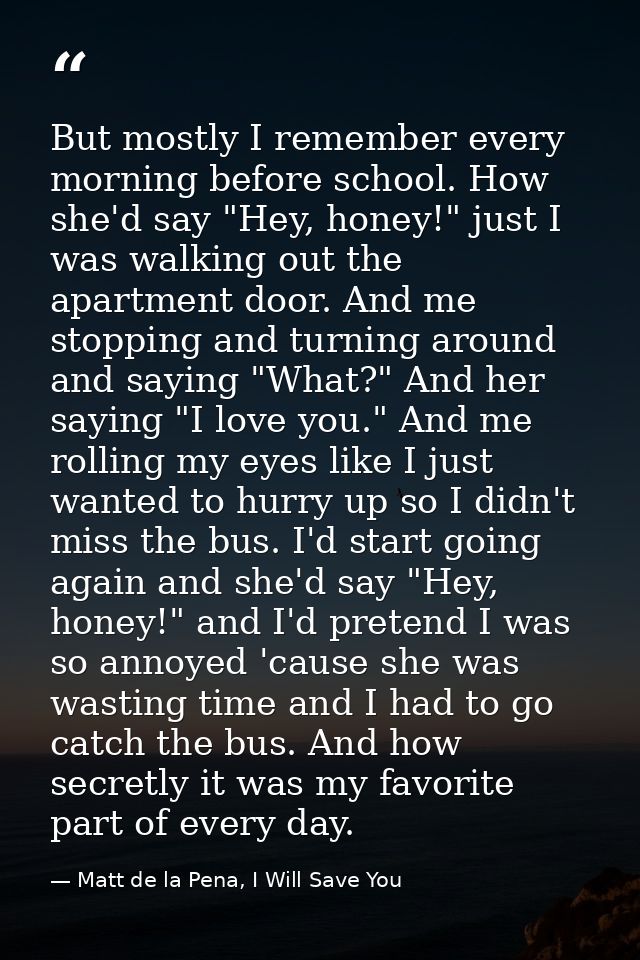 But mostly I remember every morning before school. How she'd say "Hey, honey!" just I was walking out the apartment door — Matt de la Pena, I Will Save You