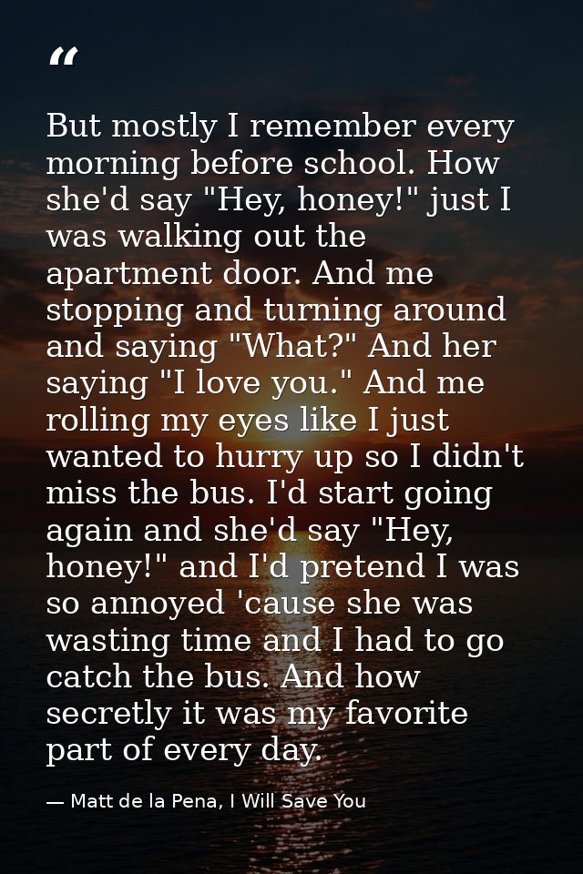 But mostly I remember every morning before school. How she'd say "Hey, honey!" just I was walking out the apartment door — Matt de la Pena, I Will Save You