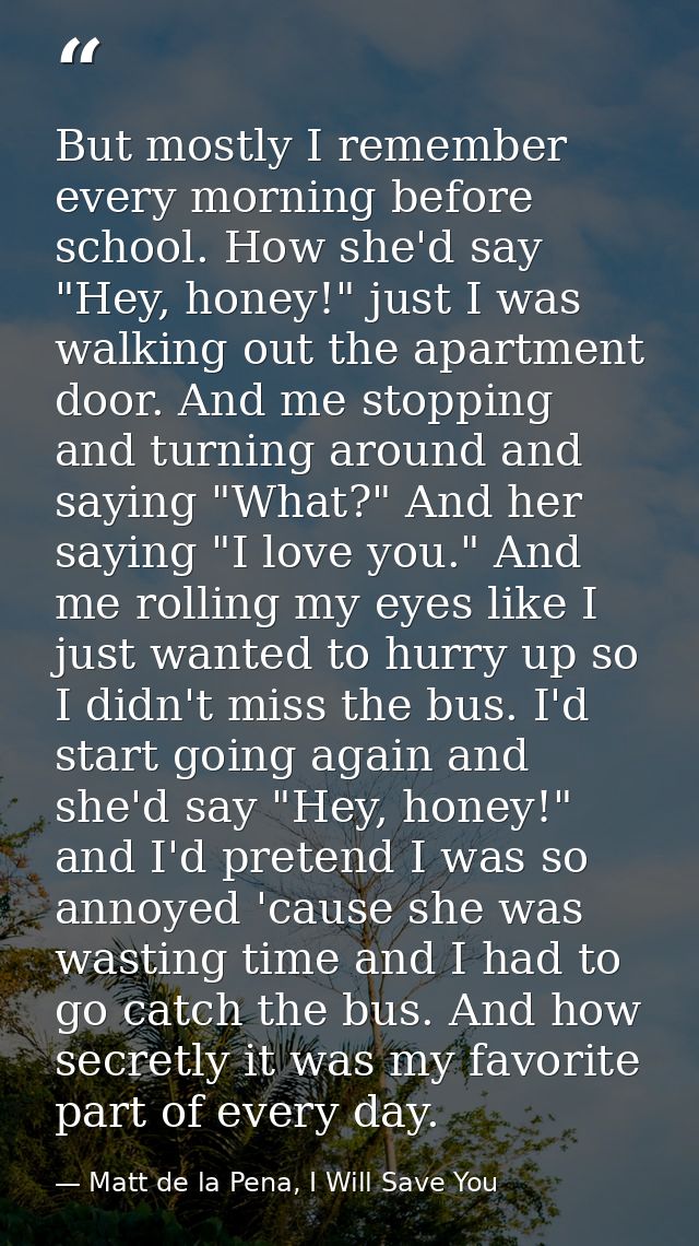 But mostly I remember every morning before school. How she'd say "Hey, honey!" just I was walking out the apartment door — Matt de la Pena, I Will Save You