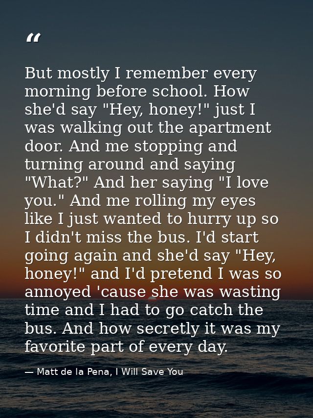 But mostly I remember every morning before school. How she'd say "Hey, honey!" just I was walking out the apartment door — Matt de la Pena, I Will Save You