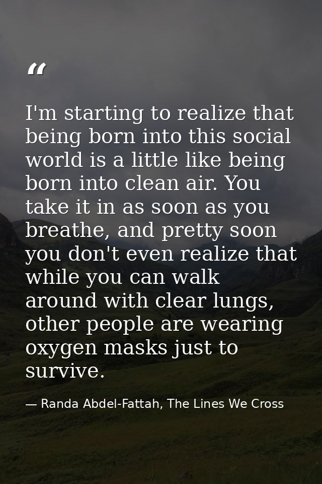 I'm starting to realize that being born into this social world is a little like being born into clean air. You take it i — Randa Abdel-Fattah, The Lines We Cross