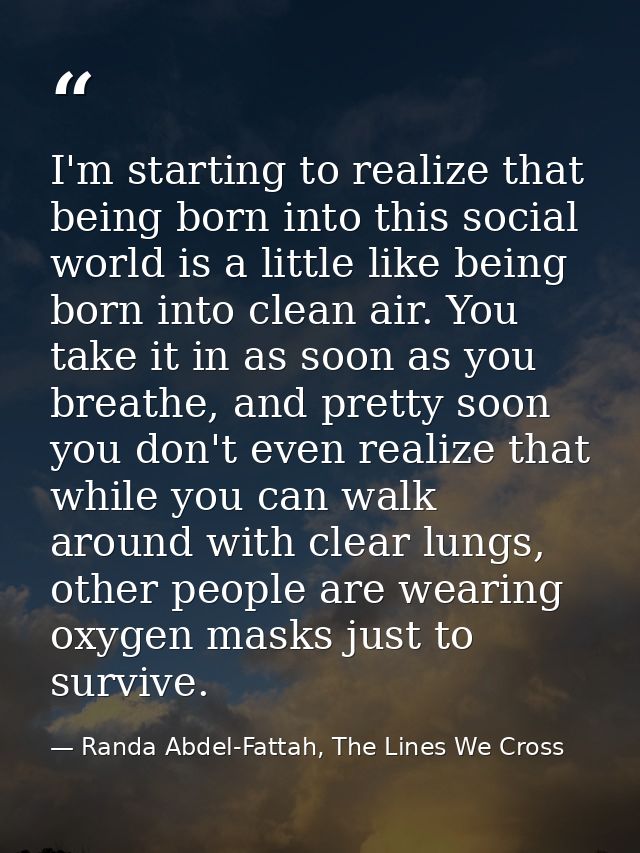 I'm starting to realize that being born into this social world is a little like being born into clean air. You take it i — Randa Abdel-Fattah, The Lines We Cross