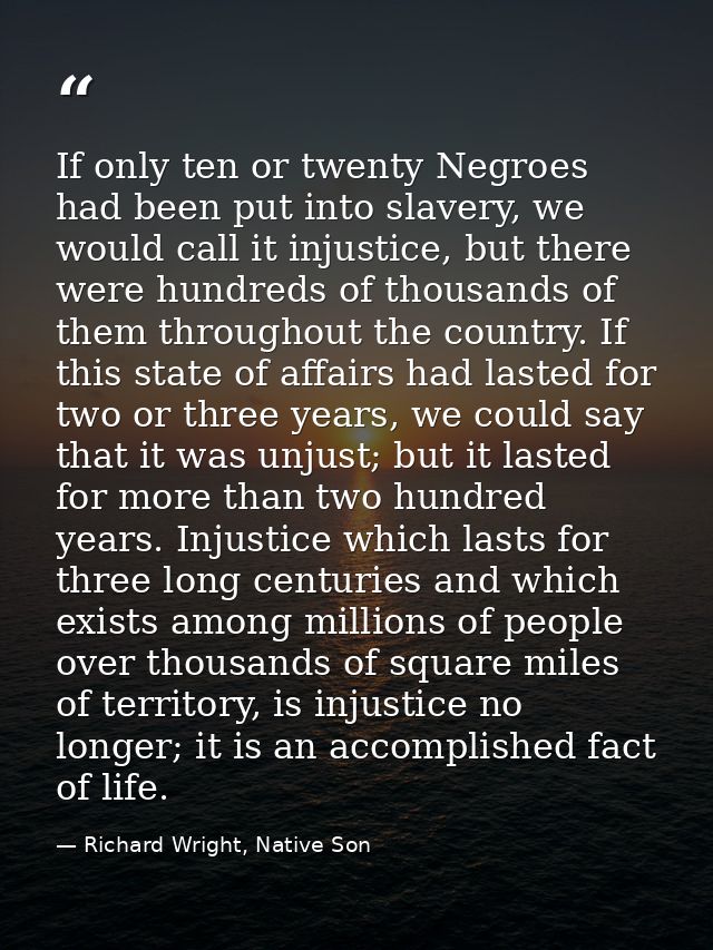 If only ten or twenty Negroes had been put into slavery, we would call it injustice, but there were hundreds of thousand — Richard Wright, Native Son