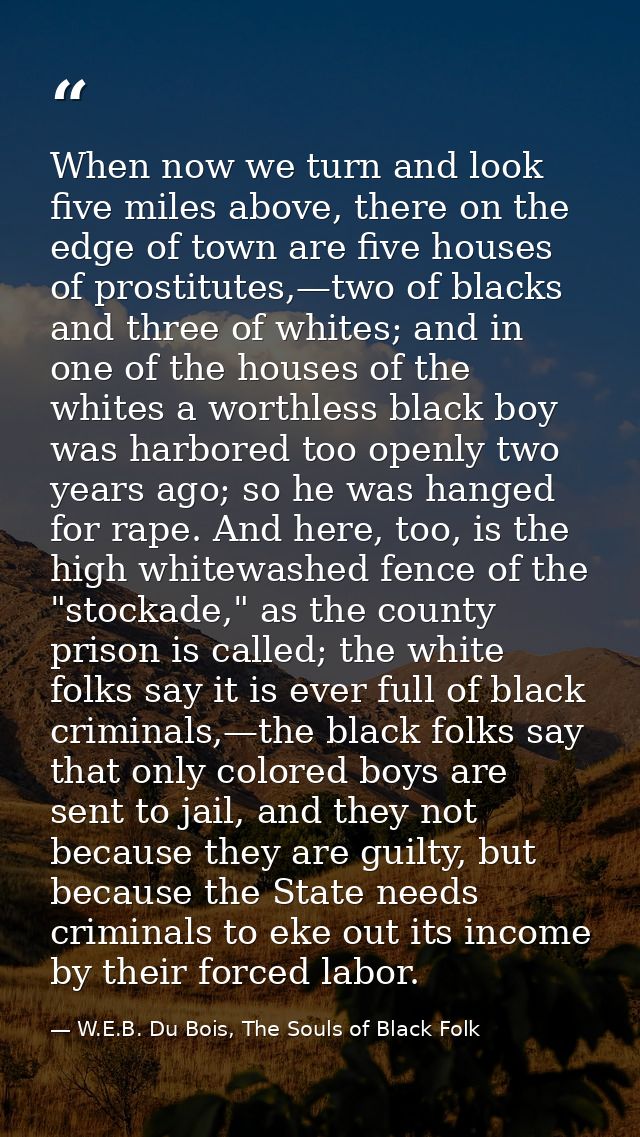 When now we turn and look five miles above, there on the edge of town are five houses of prostitutes,—two of blacks and  — W.E.B. Du Bois, The Souls of Black Folk