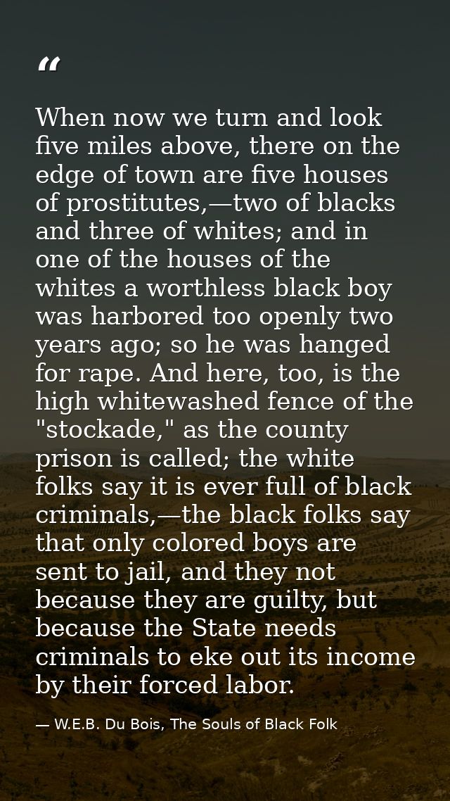 When now we turn and look five miles above, there on the edge of town are five houses of prostitutes,—two of blacks and  — W.E.B. Du Bois, The Souls of Black Folk