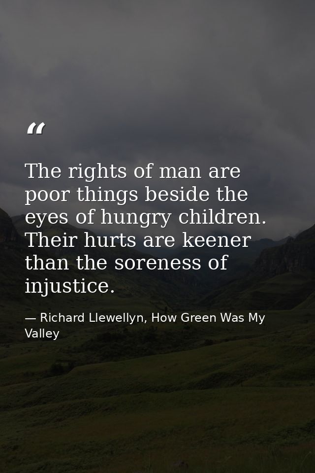 The rights of man are poor things beside the eyes of hungry children. Their hurts are keener than the soreness of injust — Richard Llewellyn, How Green Was My Valley