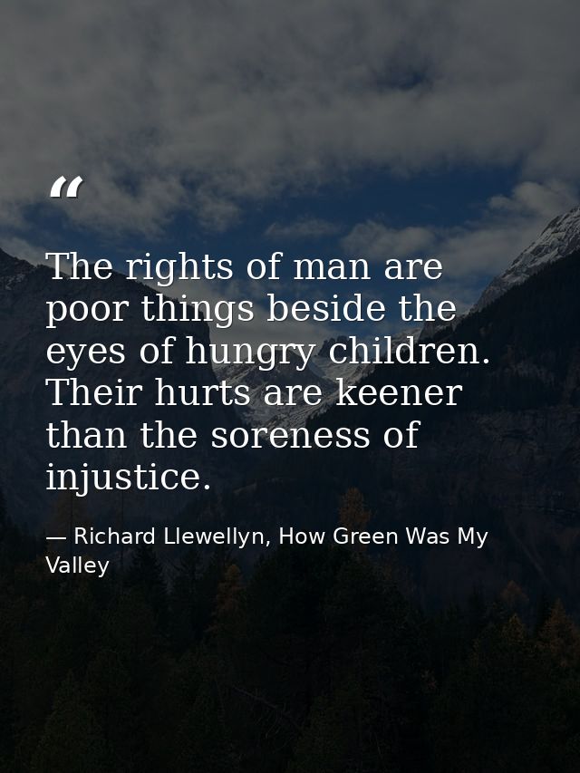 The rights of man are poor things beside the eyes of hungry children. Their hurts are keener than the soreness of injust — Richard Llewellyn, How Green Was My Valley